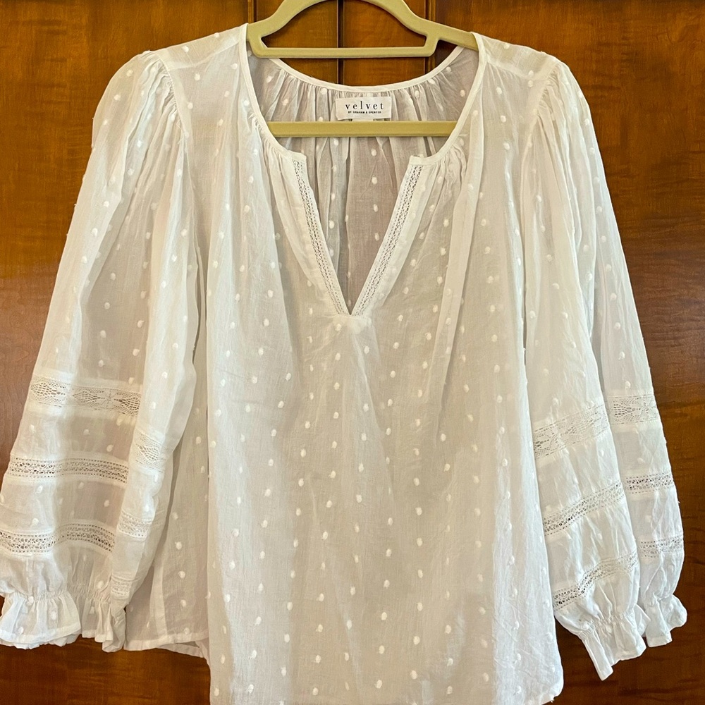 Velvet by Graham & Spencer White Polka Dot Sheer Top
